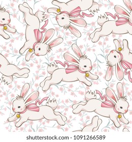 Seamless pattern with cute running bunny on blooming meadow
