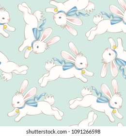 Seamless pattern with cute running bunny