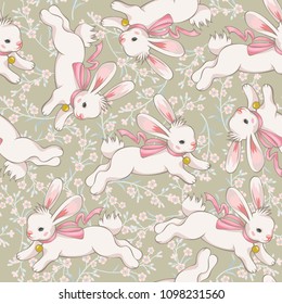 Seamless pattern with cute running bunny on blooming meadow