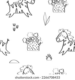 Seamless pattern with cute running zebras and africa nature elements. Vector illustration in doodle style for your design