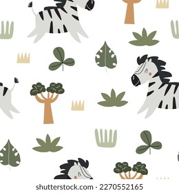 Seamless pattern with cute running zebras and African nature elements. Vector illustration in warm colors for textile and nursery decoration