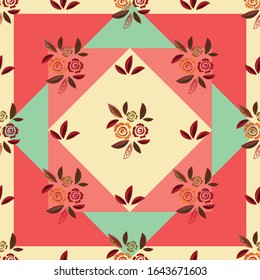 Seamless pattern. Cute rustic roses and leaves. Floral ornament in folklore style. Stylized for handmade and patchwork. Design for textile, paper, packaging, bedding. Vector illustration.