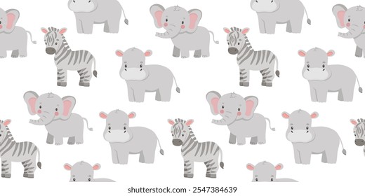 Patrón sin fisuras con animales africanos lindos del safari en el fondo blanco. Telón de fondo infantil repetido para niños.