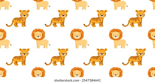 Patrón sin fisuras con animales africanos lindos del safari, león y tigre, en el fondo blanco. Telón de fondo infantil repetido para niños.