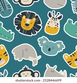 Seamless pattern with cute safari animal faces. Hand drawn kids print for fabric, children's room wallpaper and wrapping paper.