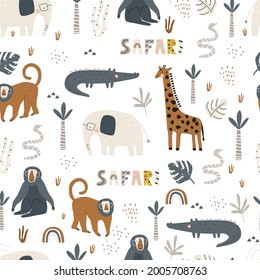 Seamless pattern with cute safari animals giraffe, elephant, monkey, crocodile and snake on a white background. Vector illustration for printing on fabric, packaging paper, clothing