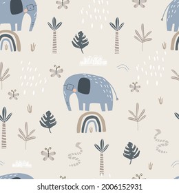 Seamless pattern with cute safari animals giraffe, elephant, monkey, crocodile and snake on a white background. Vector illustration for printing on fabric, packaging paper, clothing. Cute children's b