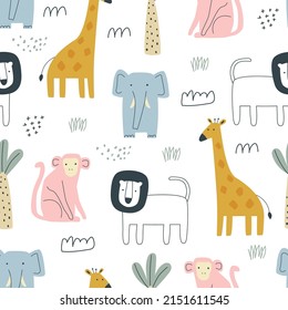 Seamless pattern with cute safari animals giraffe, lion, monkey, elephant made in handmade lines. Vector illustration waiting for printing. Cute baby background.