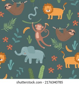 Seamless pattern with cute safari animals elephant, lion, monkey and sloth on a colored background. Vector illustration for printing on fabric, wrapping paper, clothing. Cute baby background.