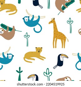 Seamless pattern with cute safari animals monkey, leopard giraffe and sloth. Vector illustration for printing on fabric, wrapping paper. Cute baby background