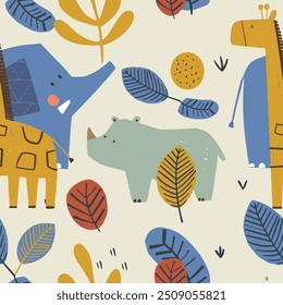 Seamless pattern with cute Safari animals. Elephant, Rhinoceros,Giraffe. Hand drawn vector illustration. For kids And baby's.