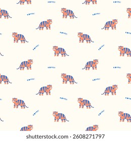 Seamless pattern with
cute safari animals,
including a tiger, and
lettering. Stylish
children's print, small
wallpapers, hand-drawn
vector illustration for kids
and babies