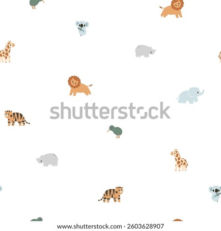 Seamless pattern with cute safari animals: elephant, koala, kiwi bird, lion, rhinoceros, tiger, and giraffe. Small wallpapers, hand-drawn vector illustrations for children and infants.