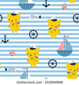 Seamless pattern with cute sailor bear, yacht, fish and others on a striped background. Vector illustration for children.