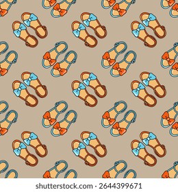 Seamless pattern with cute sandals and colorful bows on beige background. Summer shoes cartoon style vector background. 