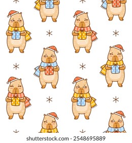 Seamless pattern with cute сartoon Santa capybara with gift  - funny animal background for Your happy Christmas winter holiday design