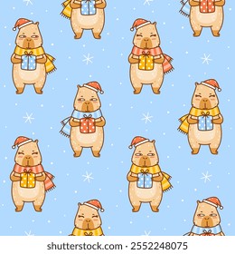 Seamless pattern with cute сartoon Santa capybara with gift  - funny animal background for Your happy Christmas winter holiday design