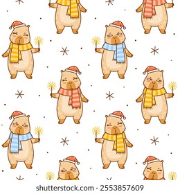 Seamless pattern with cute сartoon Santa capybara with sparkles  - funny animal background for Your happy Christmas winter holiday design