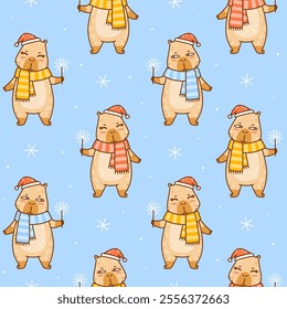 Seamless pattern with cute сartoon Santa capybara with sparkles  - funny animal background for Your happy Christmas winter holiday design