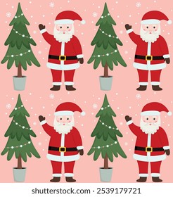 Padrão perfeito com Papai Noel bonito, árvore de Natal e neve. Fundo de feriado engraçado	