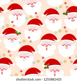 seamless pattern of cute Santa Claus ,stars, holly leaf, Christmas background