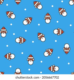 Seamless pattern with cute Santa Claus faces on a blue background.