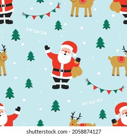 Seamless pattern with cute Santa claus and reindeer on a blue background. Vector illustration on packaging paper, clothing, banner, poster. Cute baby background.