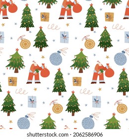 Seamless pattern with cute Santa Claus character with christmas gifts and trees isolated on white background. Flat hand drawn vector illustration