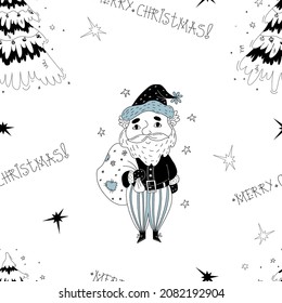 Nahtloses Muster. Cute Santa Claus mit Sack und Weihnachtsbaum mit Bälle auf weißem Hintergrund mit linearem Dekor und Sternen. Vektorgrafik. Umrissmuster für Dekoration, Design, Verpackung, Tapeten