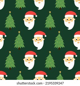 Seamless pattern of cute santa claus head and christmas tree on green background. Background for Christmas design. Vector illustration