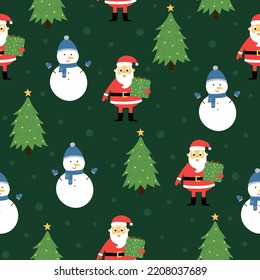 Seamless pattern of cute santa claus, snowman and christmas tree on green background. Background for Christmas design. Vector illustration