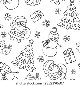 Seamless pattern with cute Santa Claus holding bag with presents, Christmas tree, snowman and snowflakes.. Vector outline illustrations for kids