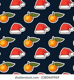 Seamless pattern of cute Santa Claus hats and juicy oranges and tangerines on a dark background, wallpaper or postcard for New Year and Christmas