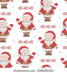 Seamless pattern with cute Santa Claus. Vector holiday texture in flat style. Suitable for wallpaper, wrapping paper, fabric, etc.