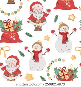 Seamless pattern with cute Santa Claus, snowman and gift bag. Vector holiday texture in flat style. Suitable for wallpaper, wrapping paper, fabric, etc