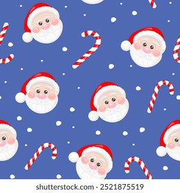 Seamless pattern with Cute Santa Claus faces and candy cane on blue background. Merry Christmas and happy new year. Design for print, wrapping paper, textile, fabric, wallpaper 