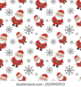 Seamless pattern of cute Santa Claus and snowflakes. Christmas background.  Vector illustration. It can be used in web design, packaging, wallpaper, printing.