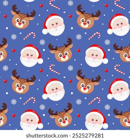 Nahtloses Muster mit süßem Weihnachtsmann und Rentiergesichtern auf blauem Hintergrund. Frohe Weihnachten und einen guten Rutsch ins neue Jahr. Design für Druck, Einwickelpapier, Textil, Stoff, Tapete