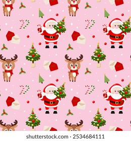 Seamless pattern with Cute Santa Claus, reindeer, Christmas tree, candy cane and holly on pink background. Merry Christmas. Design for print, wrapping paper, textile, fabric, wallpaper