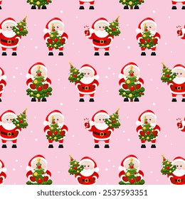 Seamless pattern with Cute Santa Claus and Christmas tree on pink background. Merry Christmas and happy new year. Design for print, wrapping paper, textile, fabric, wallpaper	
