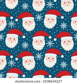 Seamless pattern with cute Santa Claus faces and snowflakes. Vector Christmas background	