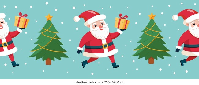 Seamless pattern of cute Santa Claus and Christmas tree. Winter New Year's background. The border. Vector illustration. It can be used in web design, packaging, wallpaper, printing.