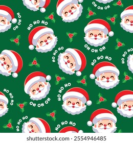 Seamless pattern with cute Santa Claus. Vector holiday texture in flat style. Suitable for wallpaper, wrapping paper, fabric, etc.