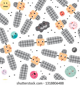 Seamless pattern with cute satellite and and fantastic planets. Vector illustration for children. Trendy kids vector background.