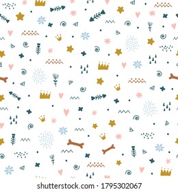 Seamless pattern with cute Scandinavian style details. Scandinaviann style childish texture for fabric, textile, apparel, nursery decoration.