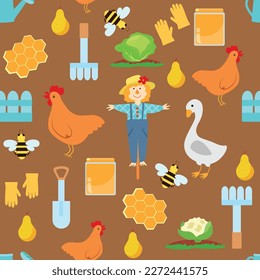 Seamless pattern with cute scarecrow and farm, chicken, bee, honey, cabbage, cauliflower, honeycomb, gloves, shovel, rake, cartoon style.
