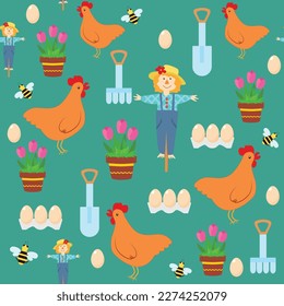 Seamless pattern cute scarecrow, planter with flowers tulips, bee, chicken, tray with eggs, spatula and rake in cartoon children's style. Gardening and gardening on a home plot or farm.