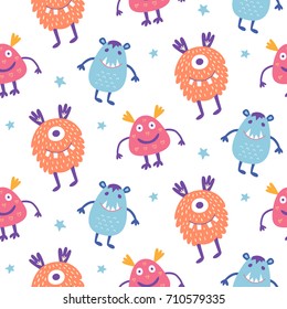 Seamless pattern with cute scary Halloween monsters. Colorful kids toy cartoon characters. Vector illustration