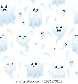 Seamless pattern of cute scary little ghost with different emotes on face cartoon character design flat vector illustration on white background
