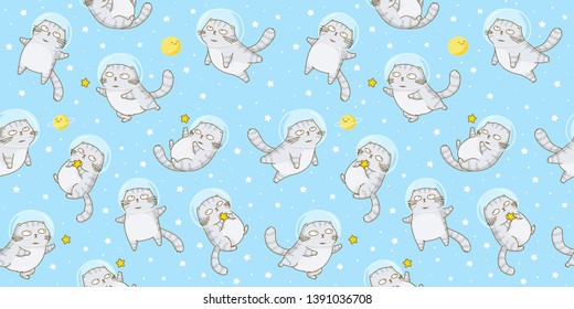 Seamless pattern with cute scottish fold cats astronauts on starry space background